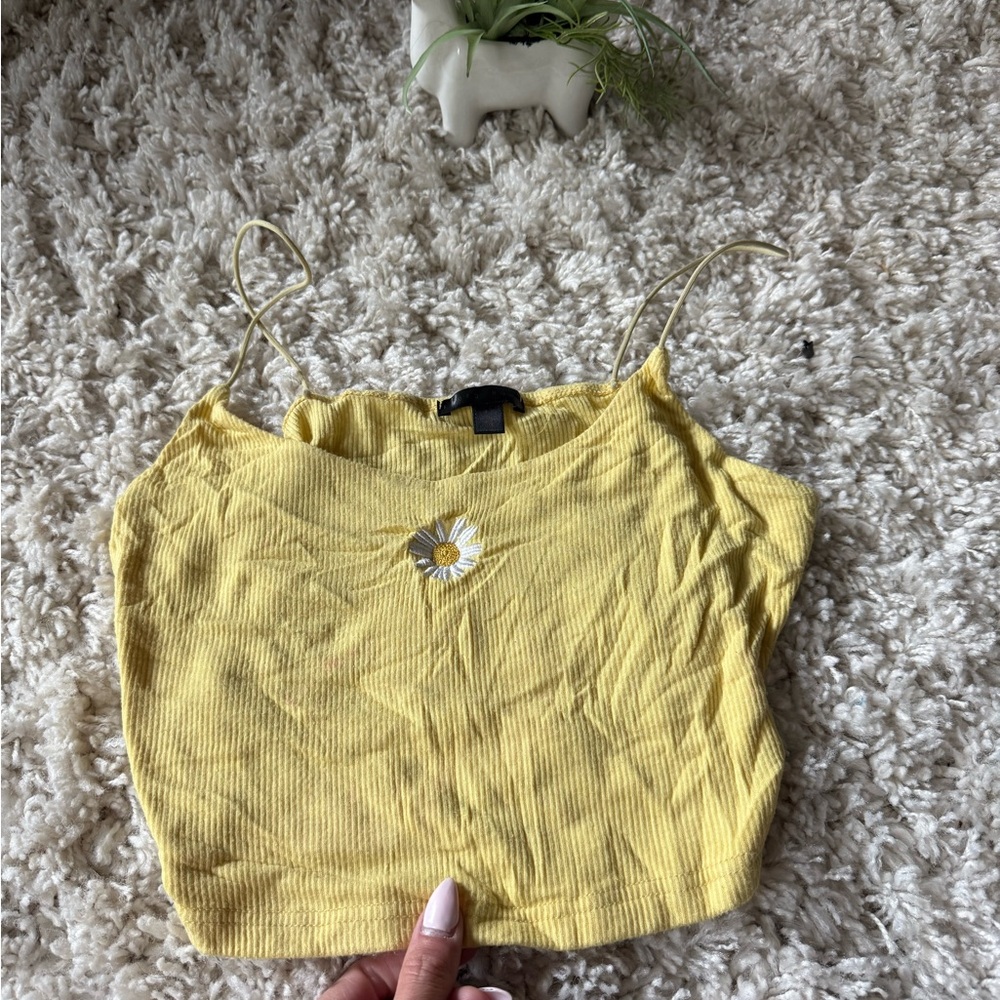 Yellow Ribbed Crop Top with Daisy Embroidery